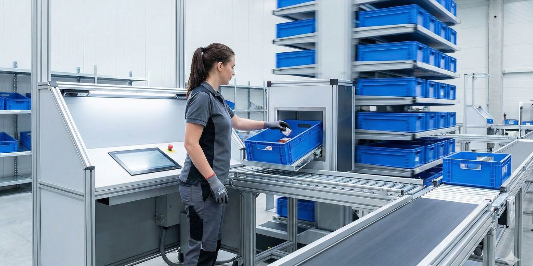 Eine Mitarbeiterin an einem ergonomischen Ware-zur-Person (Goods-to-Person) Arbeitsplatz in einem automatisierten Kleinteilelager, die eine Einzelstückkommissionierung (Pick-by-Piece) aus einem blauen Behälter durchführt.